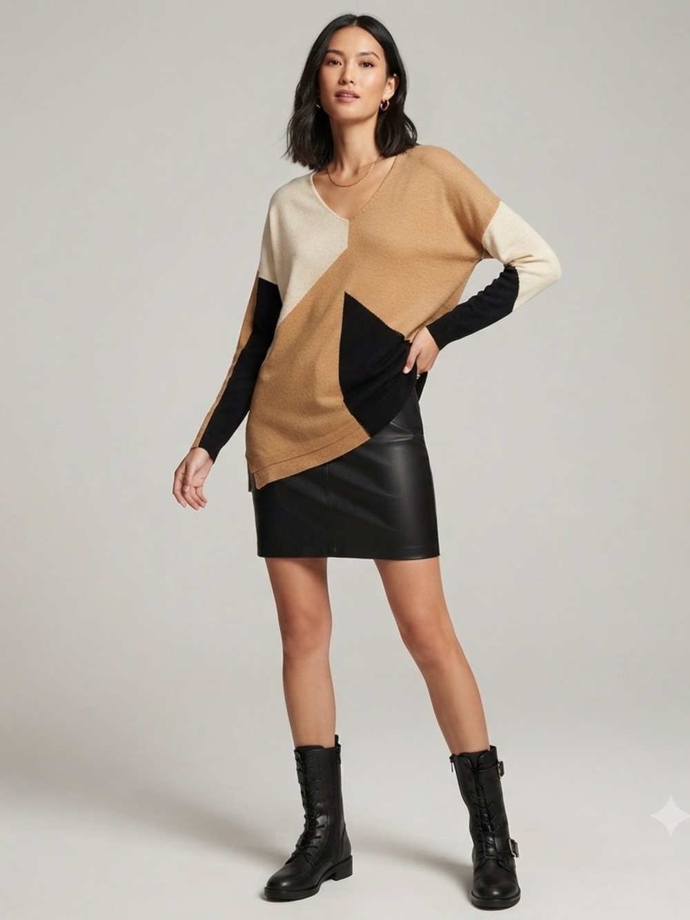 INC International Concepts Tan, Black & Cream Knit Top size XL